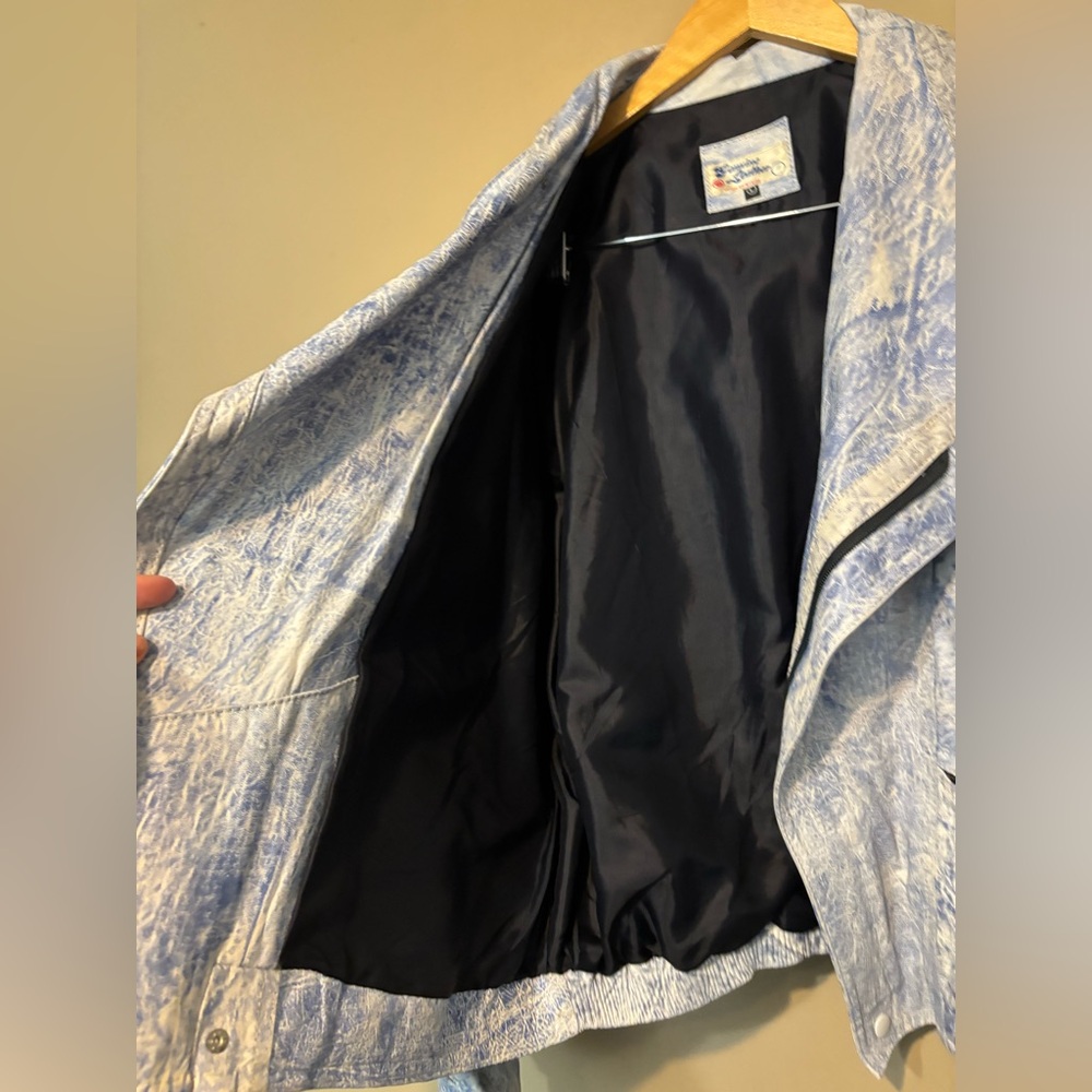 GENUINE LEATHER Vintage 80’s Acid Wash Denim Blue Moto Bomber Jacket Mexico Made - Picture 7 of 12